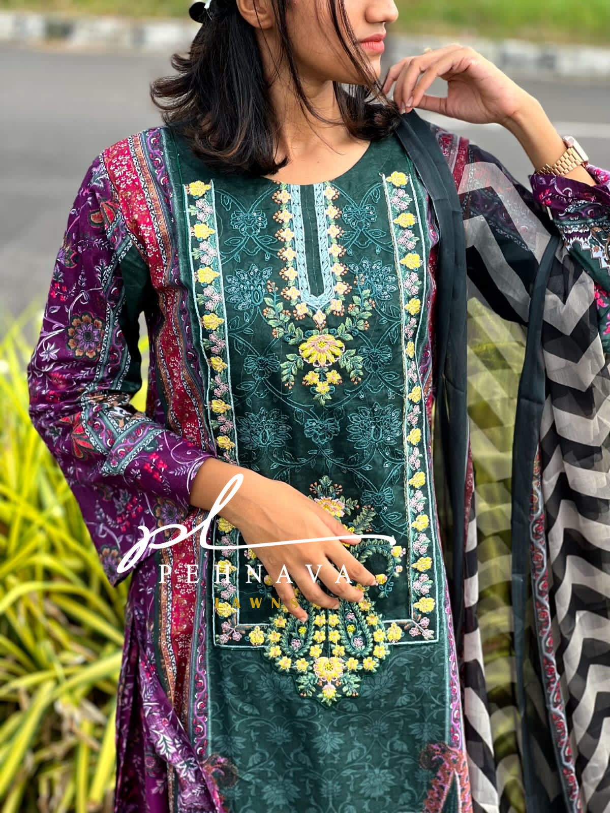 printed bottom suit with embroidered patches - Pehnava Lawns