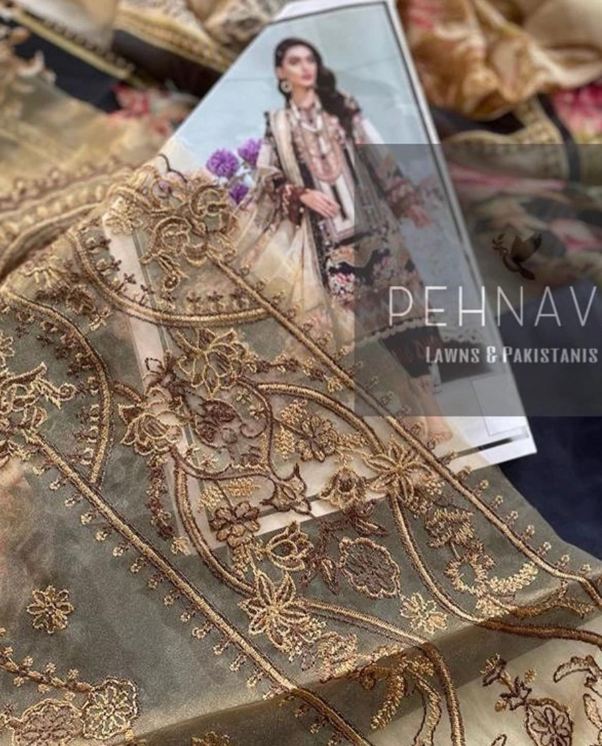 Brown printed suit with embroidered patches - Pehnava Lawns