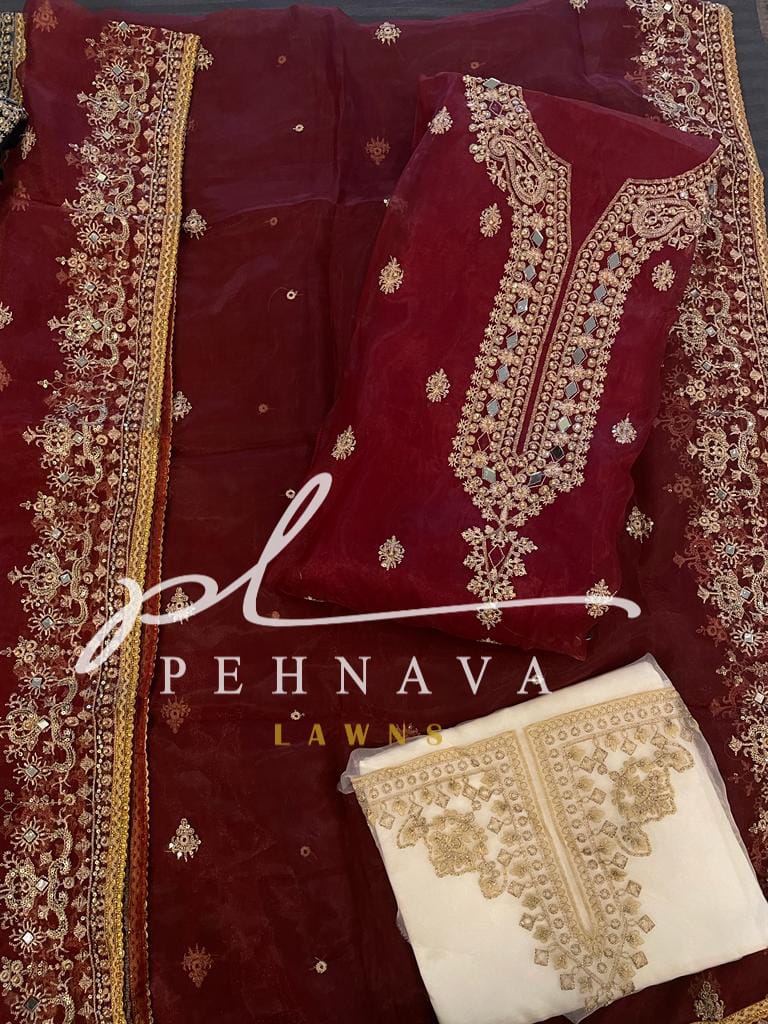 Organza mirror work suit - Pehnava Lawns