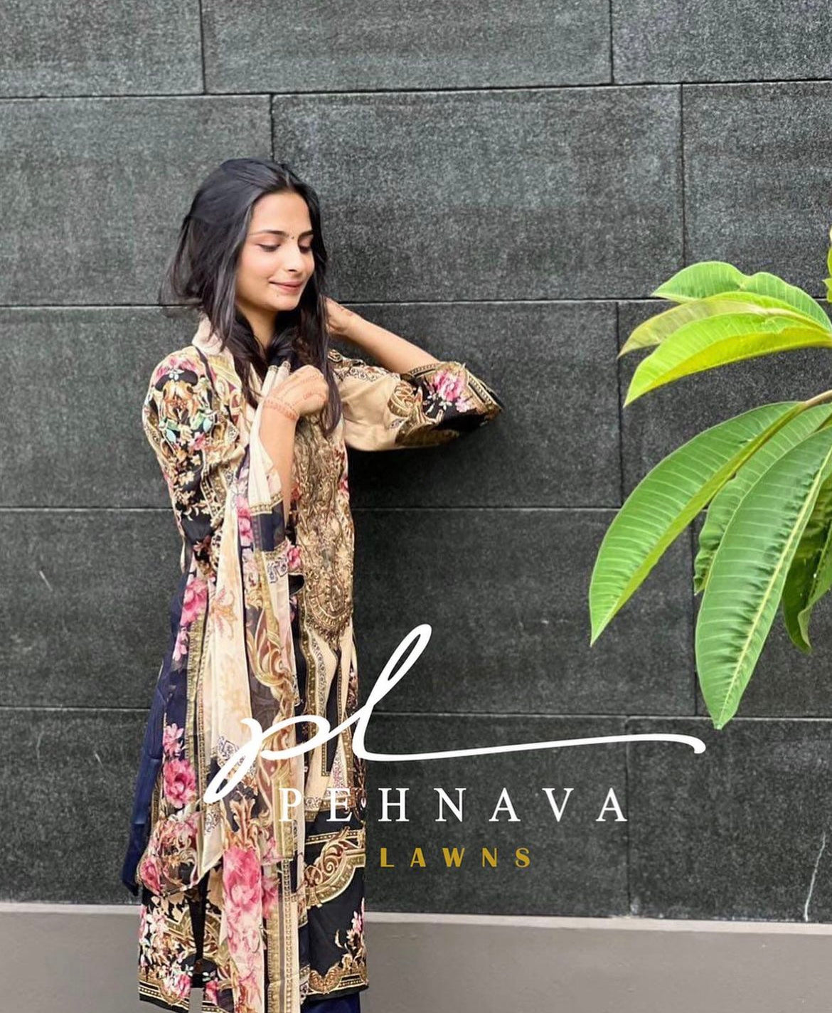 Brown printed suit with embroidered patches - Pehnava Lawns