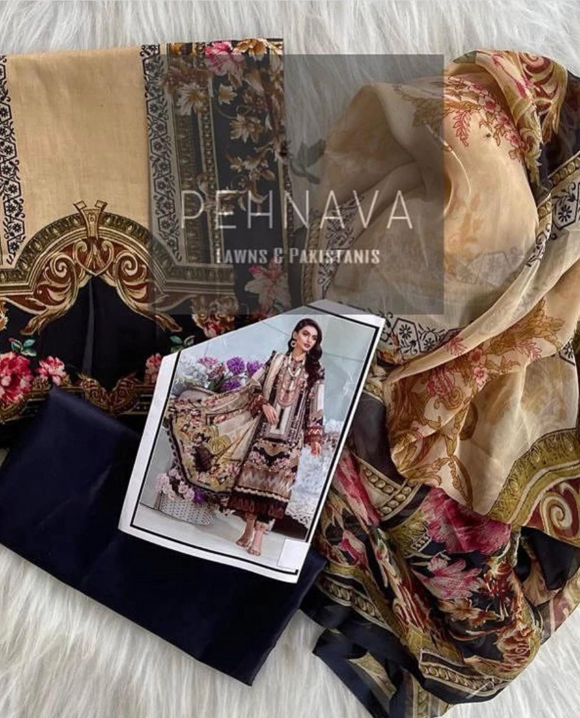 Brown printed suit with embroidered patches - Pehnava Lawns