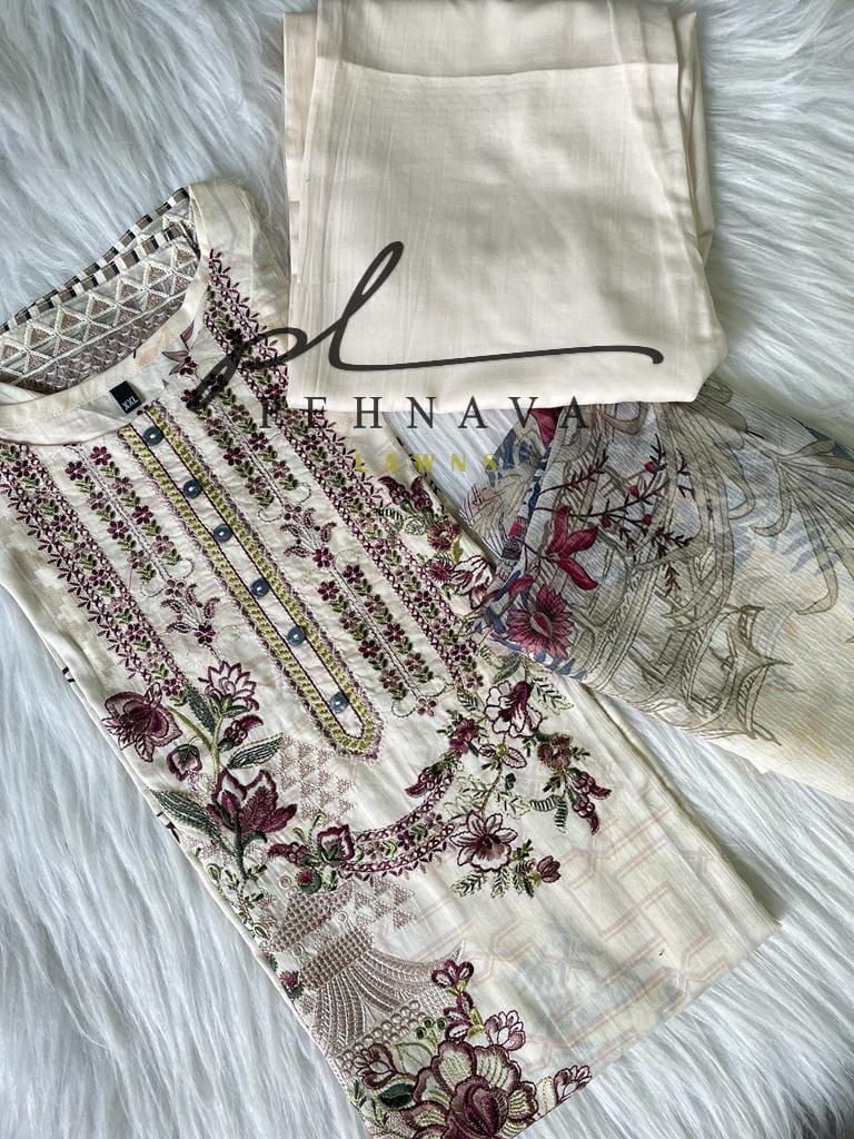 Beautiful embroidered cotton suit with chiffon dupatta Off White