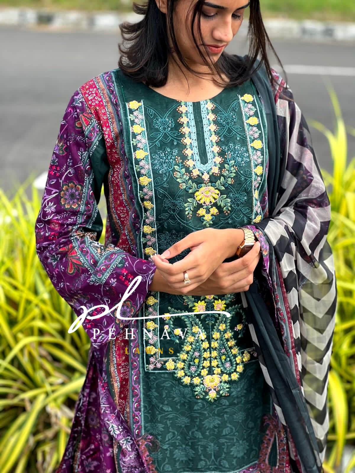 printed bottom suit with embroidered patches - Pehnava Lawns