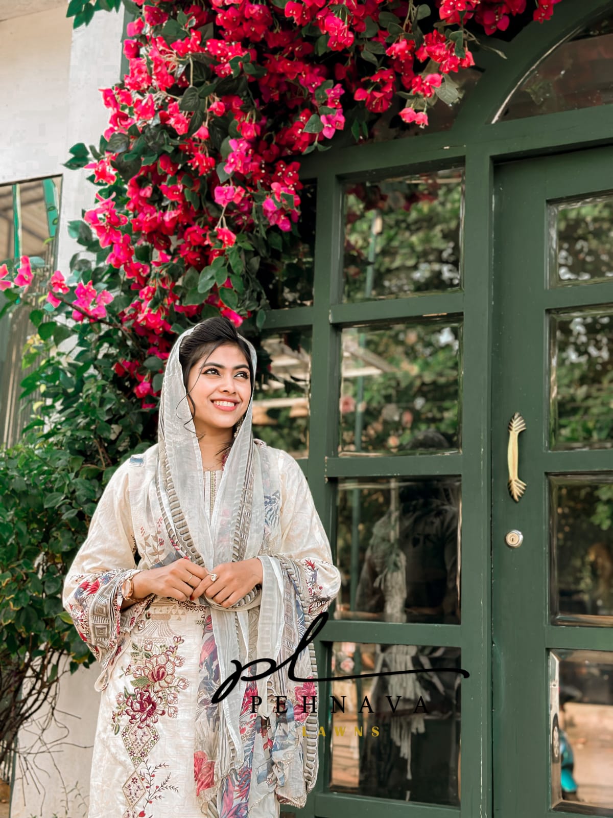 Beautiful embroidered cotton suit with chiffon dupatta - Off White - Pehnava Lawns